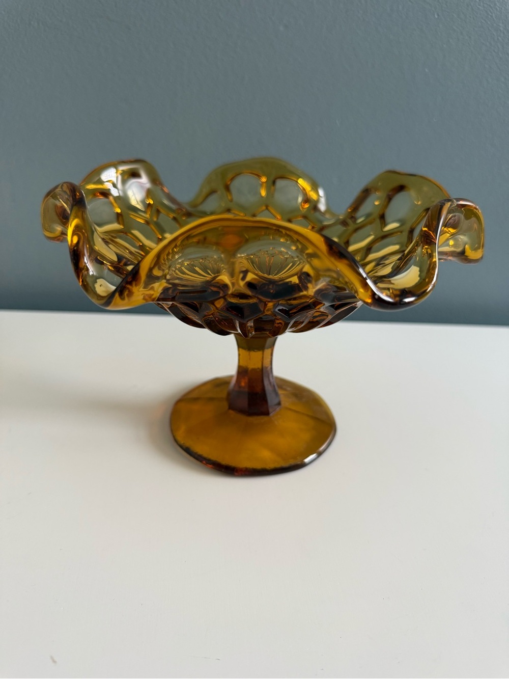 Vintage Amber Pedestal Hexagonal Honeycomb Pattern Candy Trinket Dish